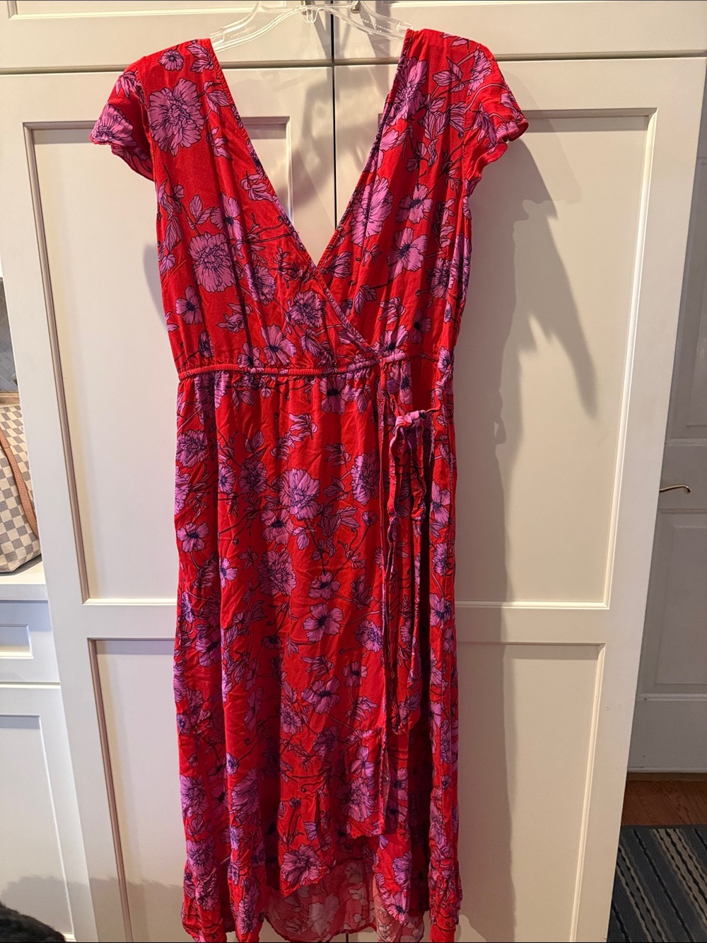 Band of the Free Floral Red Wrap Maxi Dress with Pink Blooms - Women Large